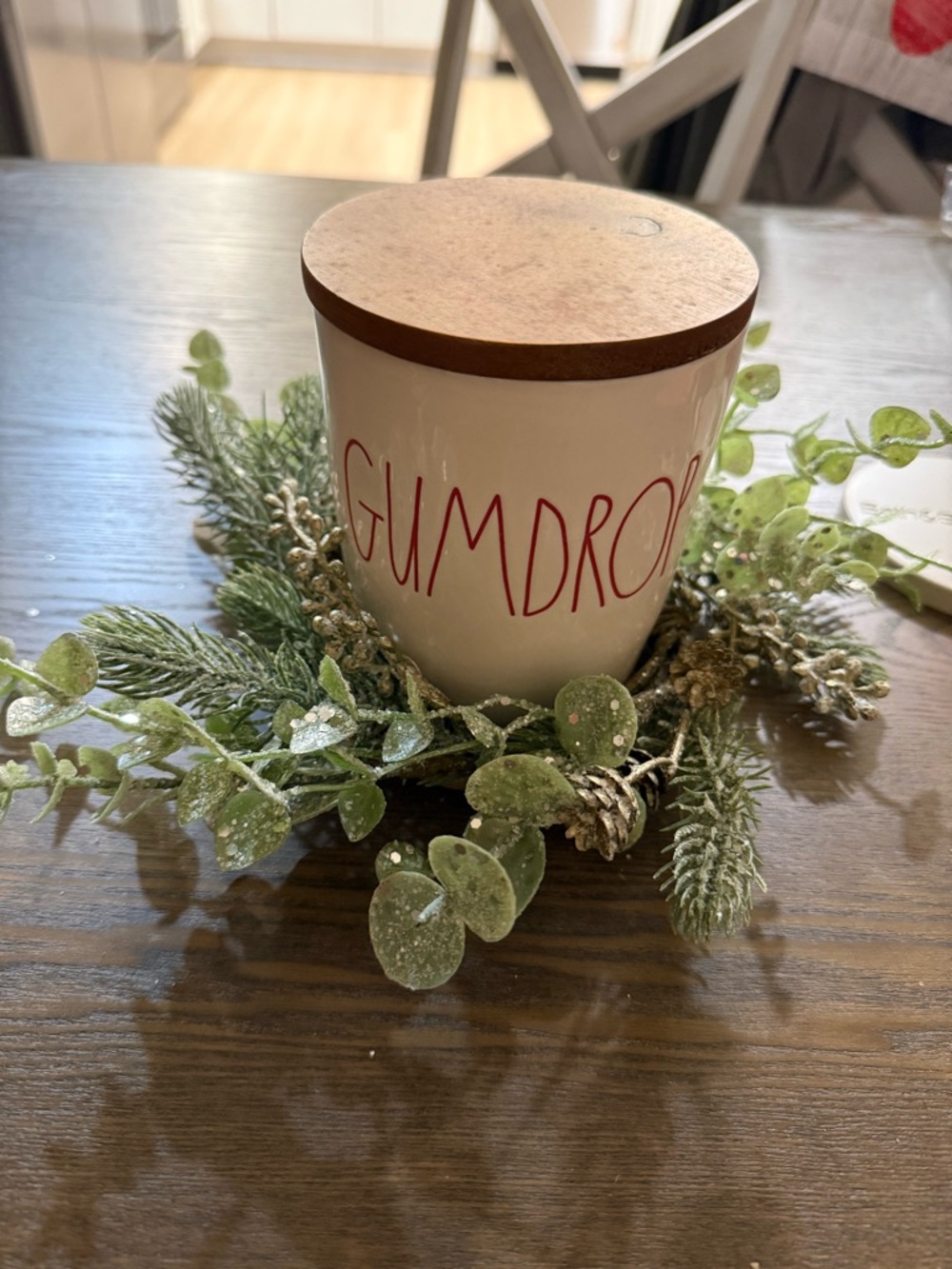 GUMDROP Ceramic Canister with Wooden Lid - White with Red Lettering NWT